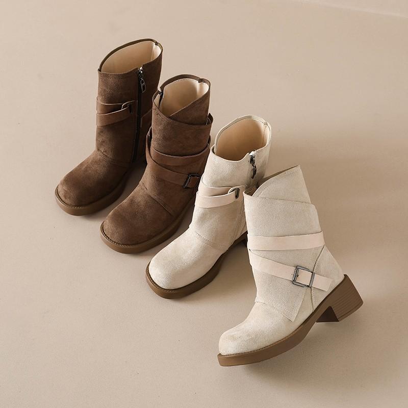Fashion Retro Single Boot Fall New Round Toe Side Zip Metal Buckle Suede Platform Non-Slip Block Heels