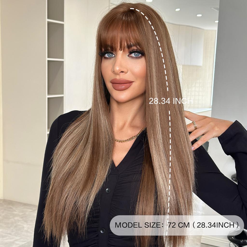 New Highlighted Brown Long Straight Wig for Women - Full Bangs One-Length Cut JK Schoolgirl Style Rejuvenating Daily Wear Full Cap Wig