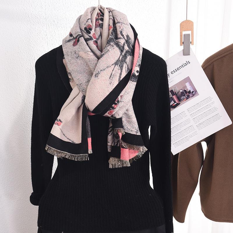 Beige Wintersweet Floral Print Scarf for Women - INS Style, Literary, Imitation Cashmere, Warm Shawl for Autumn and Winter