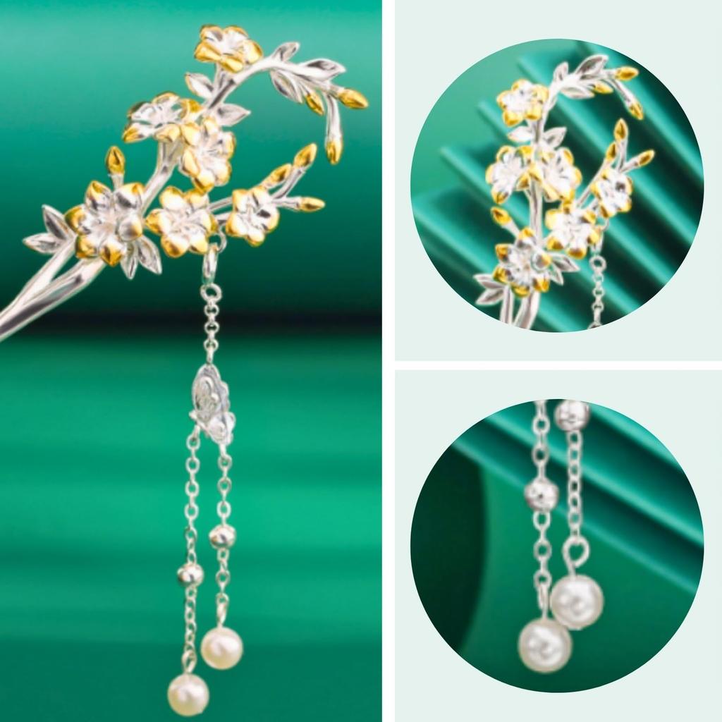 [Miaomyao] Kanzashi (Japanischer Haarschmuck) - Einzelstück - für japanische Kleidung, formelles Kimono, Yukata usw. - Winterblumen-Design - Perle und