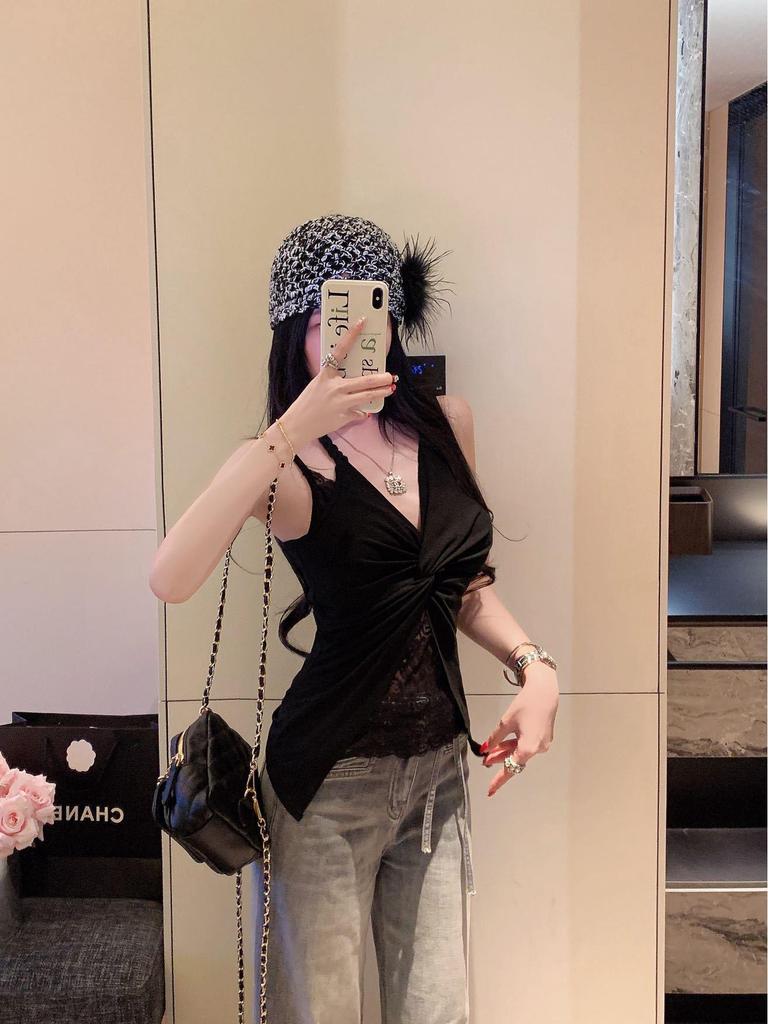 Women's Sexy Lace Halter Top with Padded Bust - Slimming Faux Two-Piece Versatile Tank