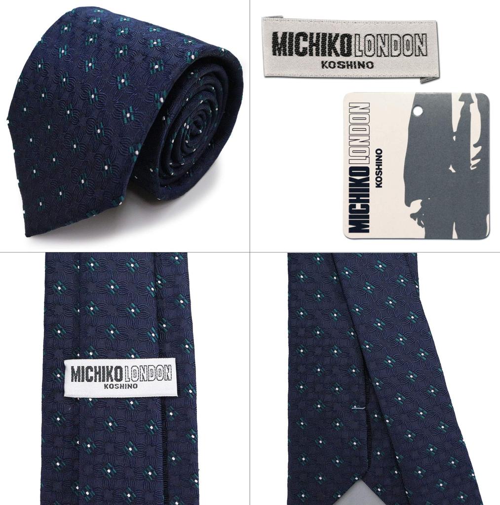 Michiko London Brand Made in Floral Jacquard Small Pattern Navy x Necktie, Japan, 100% Silk, Weave, (Pattern A Green)