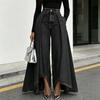Women Pants High Waist Buttons Zipper Closure Denim Pants with Pockets Irregular Large Hem Wide Leg Solid Color Casual