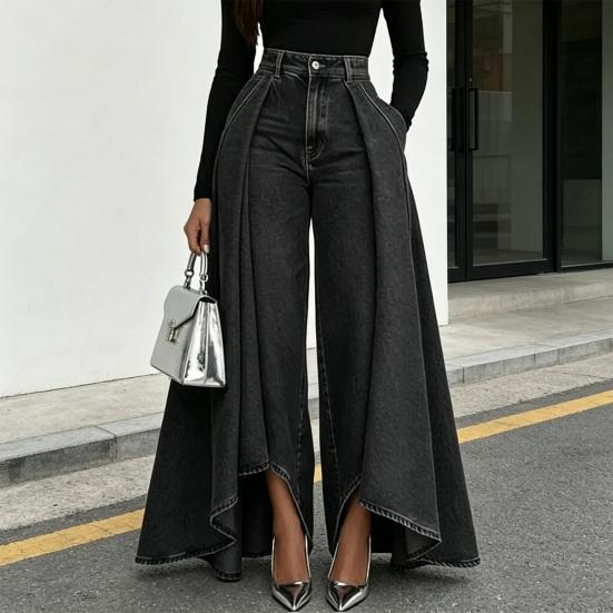Women Pants High Waist Buttons Zipper Closure Denim Pants with Pockets Irregular Large Hem Wide Leg Solid Color Casual