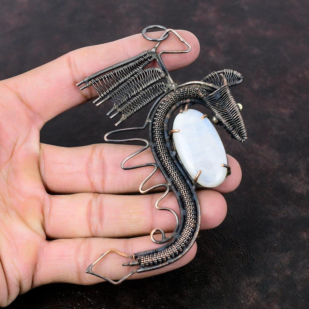 Rainbow Moonstone Pendant Copper Wire Wrapped Pendant Gemstone Jewelry Handmade Pendant Dragon Pendant Beautiful Copper Jewelry Gift For Him