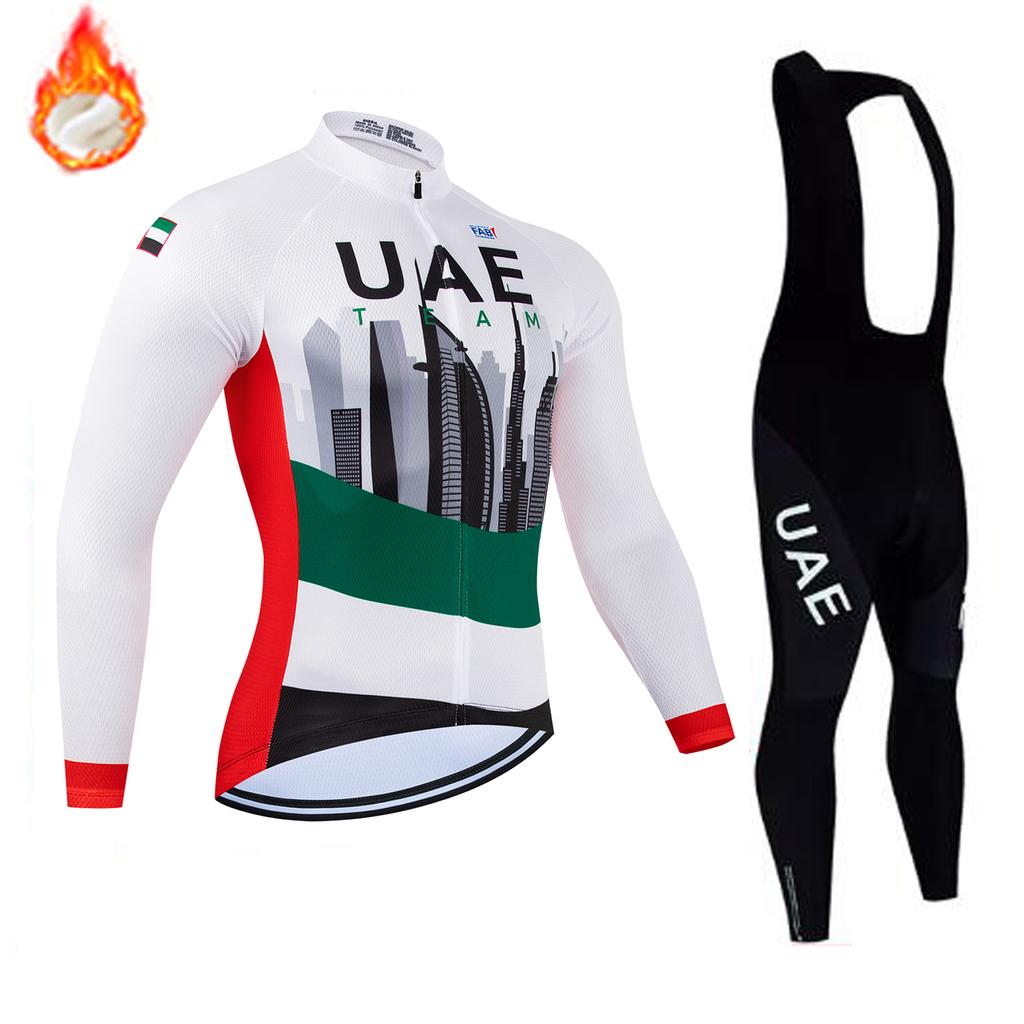 Team UAE Winter Long Sleeve Thermal Fleece Cycling Jersey Set Bib Pants Ropa Ciclismo Bicycle Clothing MTB Bike Jersey Uniform