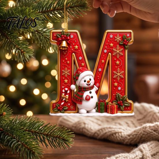 Indoor Holiday Decorations Cute Snowman Letter Christmas Ornament, 2D Flat Personalized A-Z Alphabet Gifts for Family Friends Acrylic Hanging Pendant