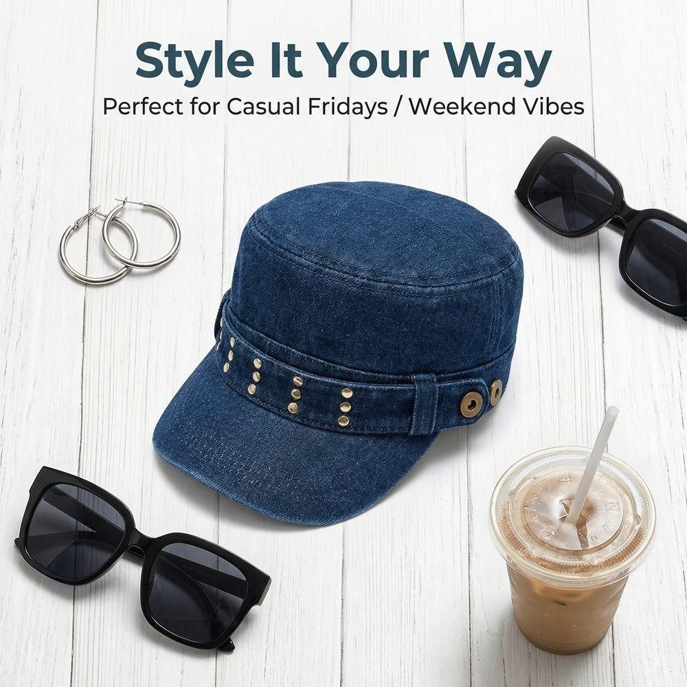 Washed Denim Rivet Flat Top Y2k Equestrian Hat Fashion Denim Octagonal Hat Travel