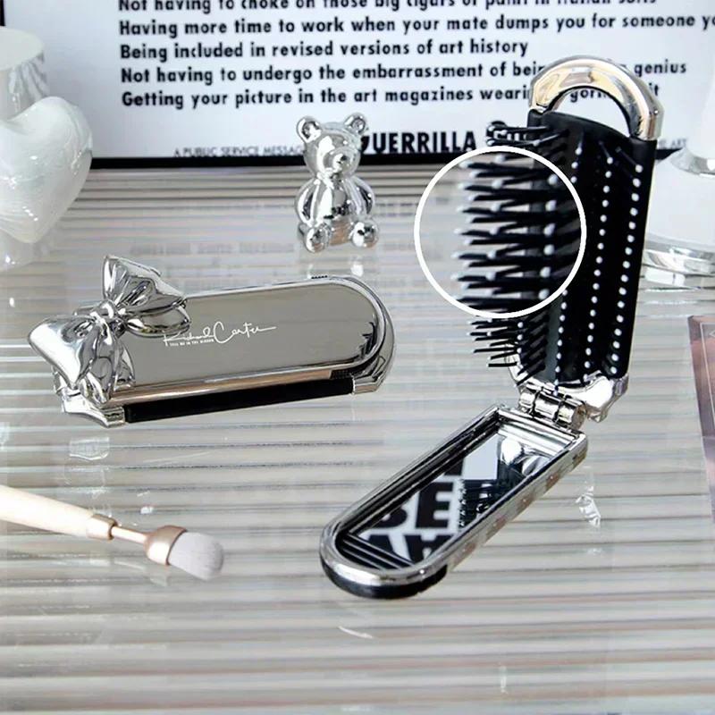 Sliver Bow Folding Air Cushion Comb with Mirror  Diamond Bling Rhinestone Cosmetic Travel Pocket Small Hair Brush Makeup Tools