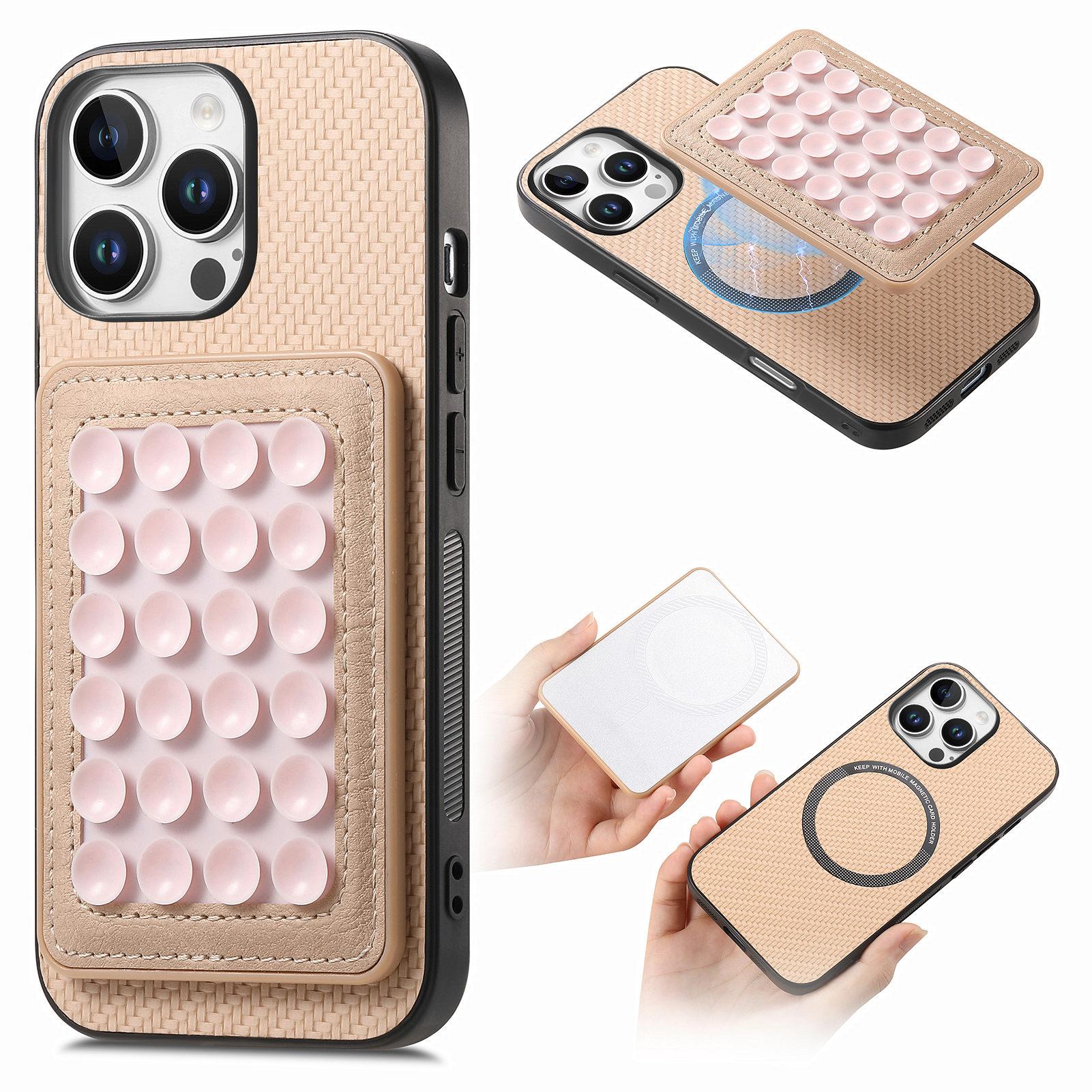

For iPhone 16 Pro Case Carbon Fiber Texture Leather Back Cover with Magnetic Detachable Suction Cup Apricot