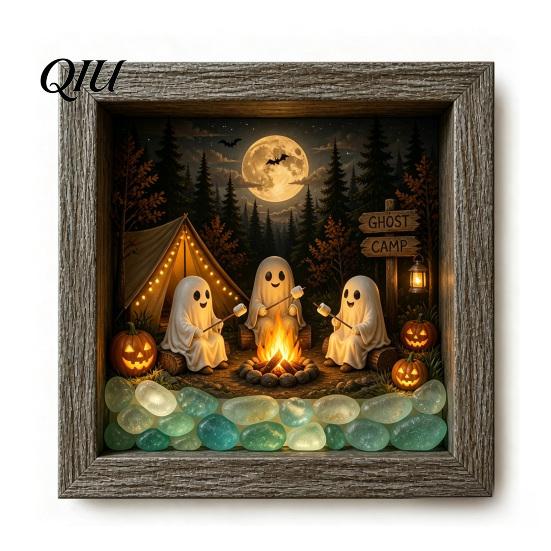 Personalized Halloween Display Shadow Box Frame DIY Lighted Craft Kit, Wooden Night Light with Seasonal Interior Decor Sea Glass Stones, Gothic