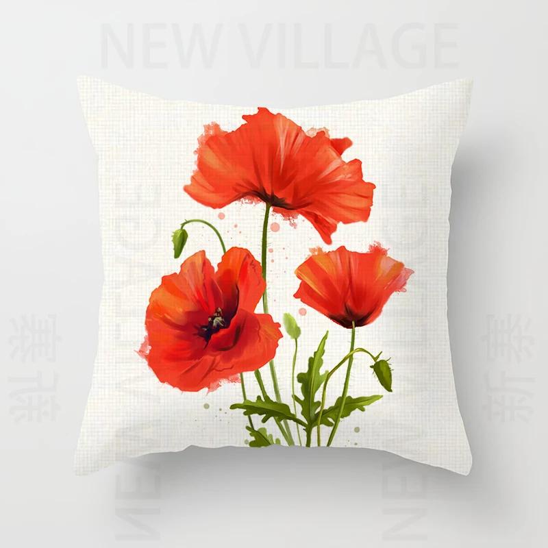 Nordic modern red flower linen pillowcase sofa cushion cover home decoration can be customized for you 40x40 50x50 60x60 45x45