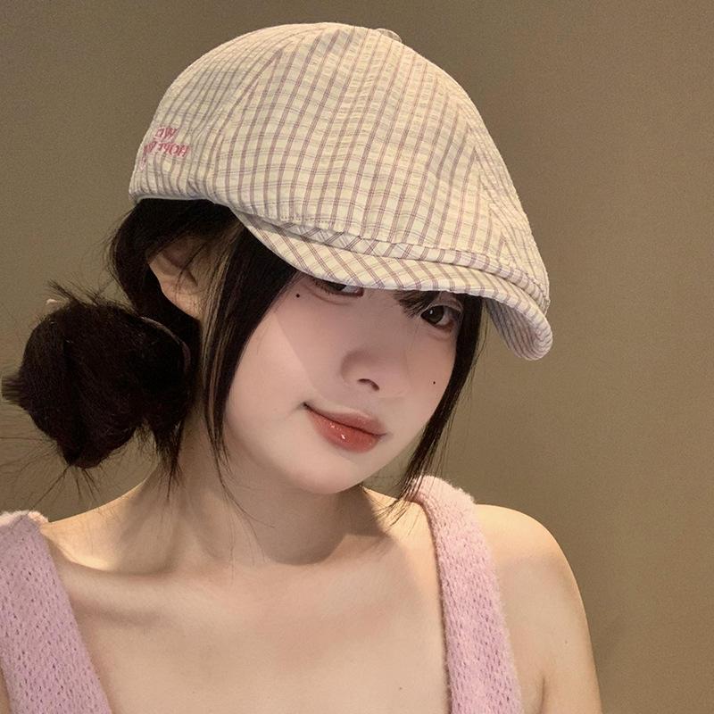 Vintage Pink Plaid Beret Women's Spring Back Wearing Newsboy Hat Big Head Circumference Versatile Peaked Cap
