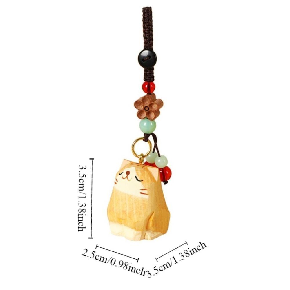 Weave Rope Wooden Carved Cat Keychain Beads Car Keyring Creative Wood Kitty Dolls Pendant  Students