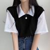 2024 Women's Summer Polo Lapel Two-Piece College Style Contrast Short-Sleeve Loose Casual Top