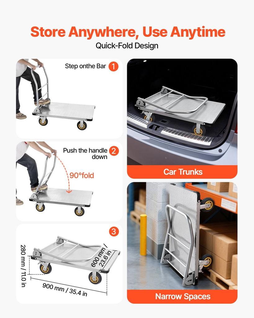 Platform Truck, 907.18 Kg Capacity, Heavy Duty Steel Flatbed Cart with Swivel Wheels and Handle, Foldable Platform Hand Push Truck Dolly, for