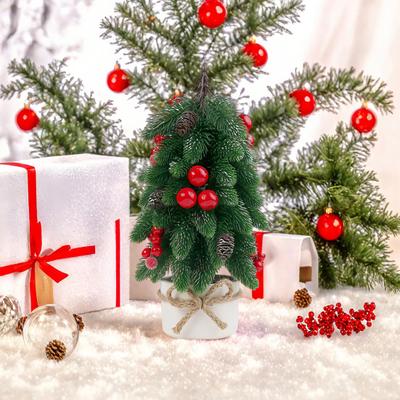 Mini Konstgjord Julgrans Prydnad Bordsmodell Ädelgran med Röda Bär Festlig Juldekoration för Hem Kontor Fest