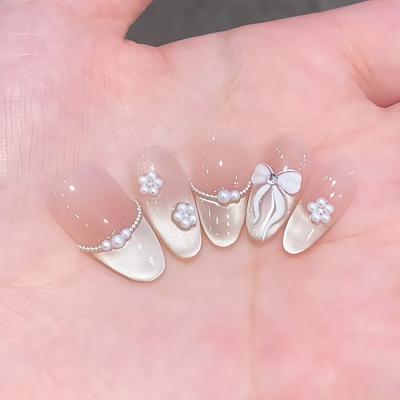 24Pcs French Almond Press On Nails With 3D Bow And Cherry Pattern Artificial Nail Tips