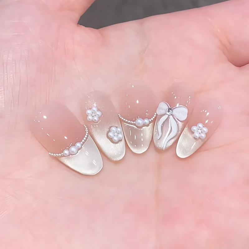 24Pcs Almond Pure Handmade Press On Nails Full Cover Butterfly French Pearl Diamond False Nails Wearable Manicure Nail Tips Art