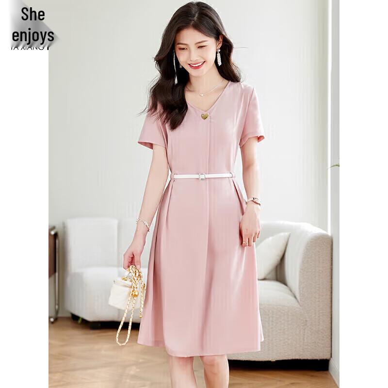 Women's Elegant Solid Short Sleeve Belted Midi Dress
