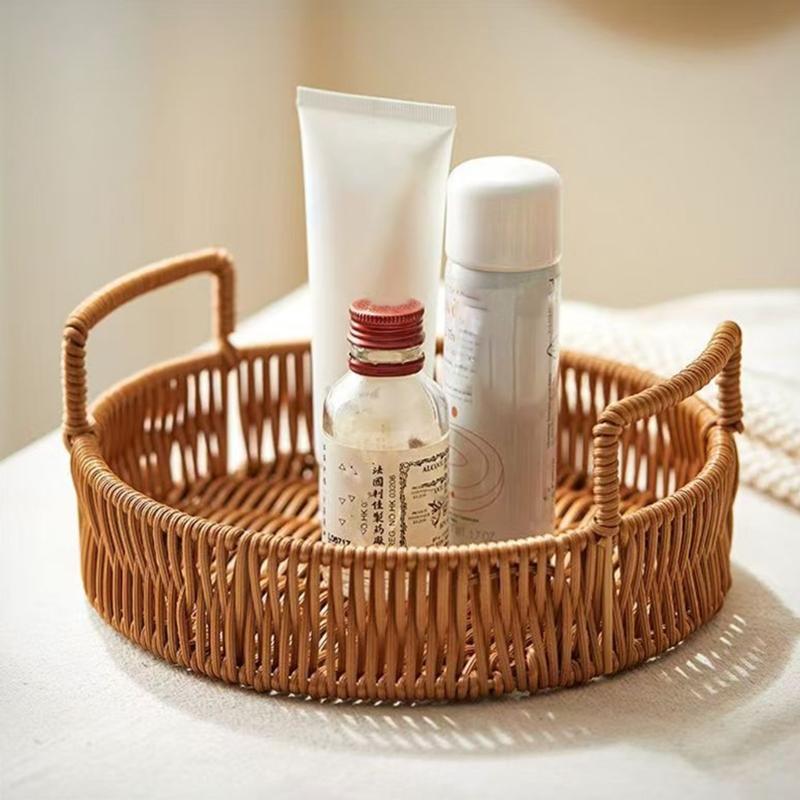 Portable PP Handwoven Look Serving Tray With Easy Carry Handles For Dining Table Decoration
