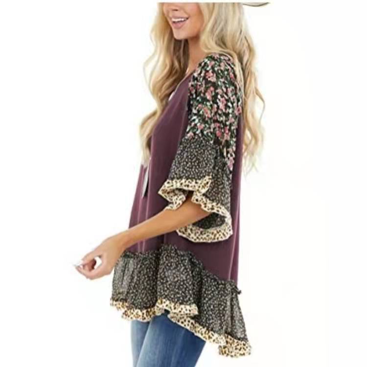 QICED Spring Summer Women's Bat-sleeve Matching Color Leopard Print Floral Print Mid-sleeve T-shirt