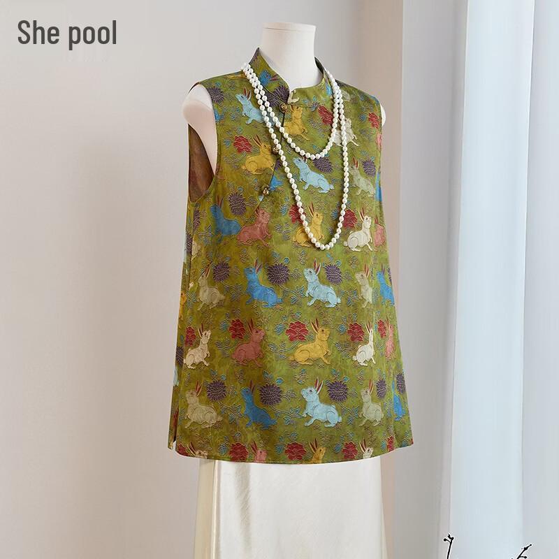 New Chinese Style Jacquard Stand Collar Sleeveless Vest L