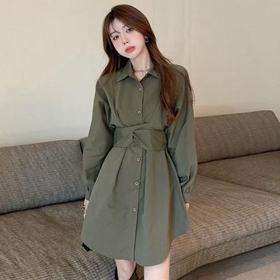 Vestido-Camisa Feminino Anual de Primavera Manga Longa Cintura Marcada Estilo Francês Saia Casual Slim Fit