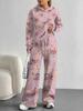 European, American Autumn and Winter Blue Flower Casual Long-sleeved Suit Women's Hooded Sweater Trousers Two-piece Set