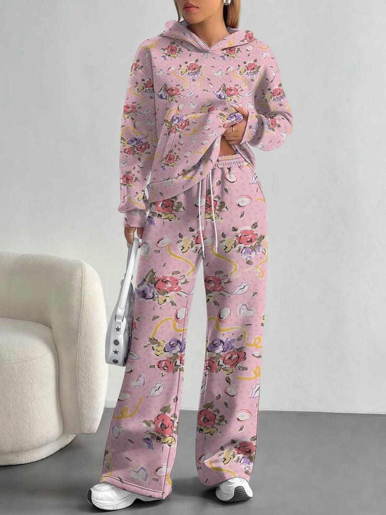 European, American Autumn and Winter Blue Flower Casual Long-sleeved Suit Women's Hooded Sweater Trousers Two-piece Set