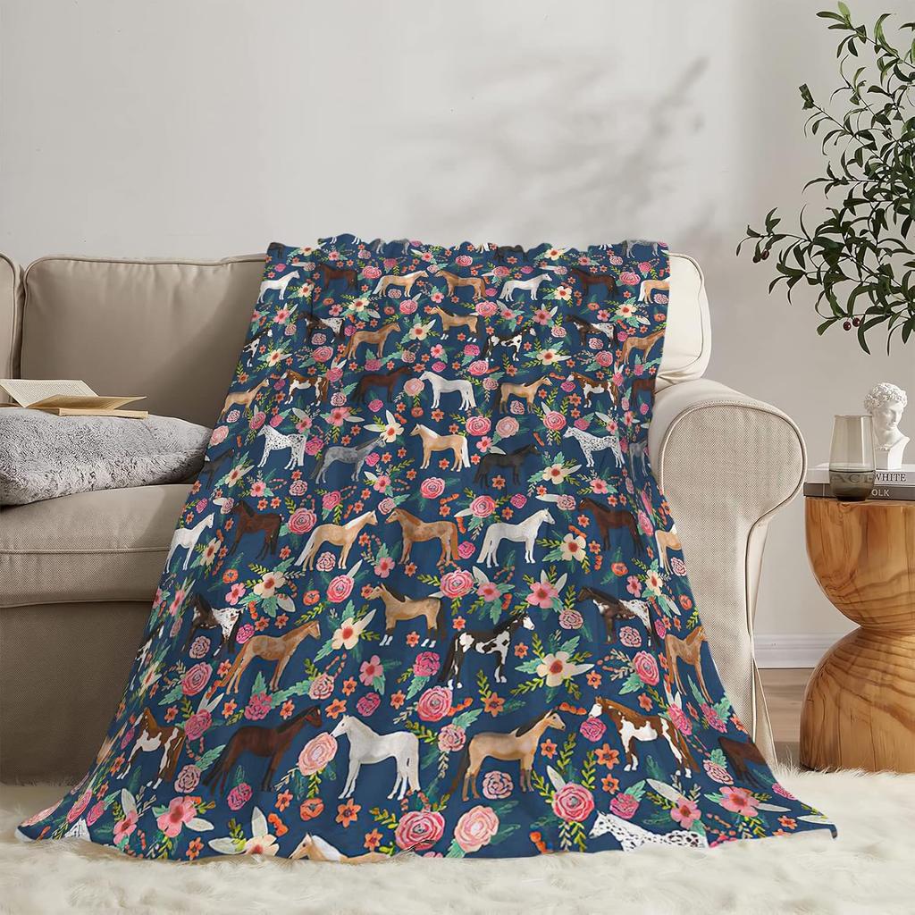 Horse Blanket Gifts for Girls Women Western Horses Flowers Animal Fleece Flannel Throw Blankets Soft Lightweight Horse Plush Stu