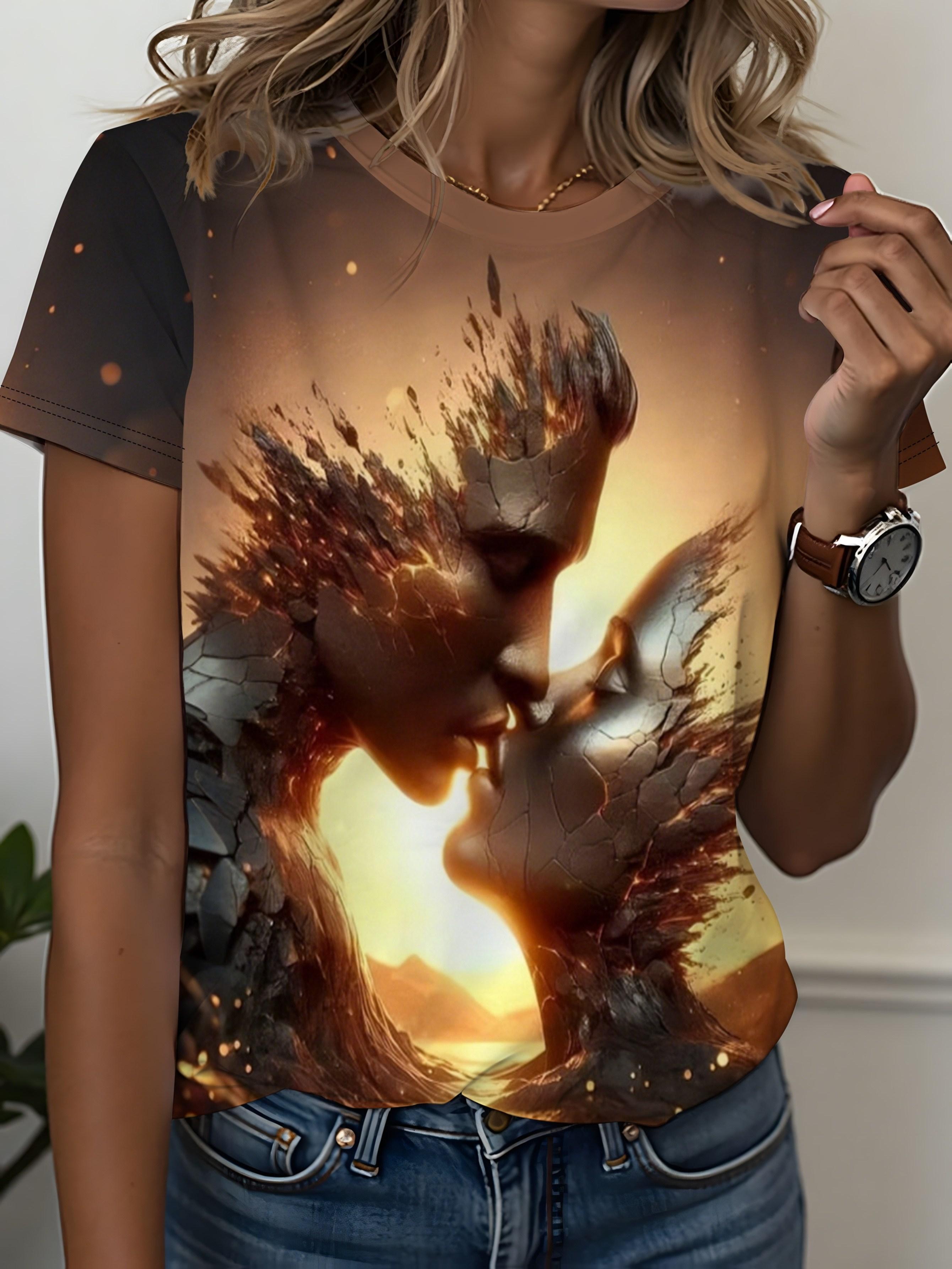 

[Print Design - No Texture] Explosive Visuals! Broken Texture Couple Kiss Print Short-Sleeved Retro Brown-Yellow Tone. Wear Art on Your Body M дубильная кора