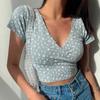 Dámské Léto Top V Výstřih Krátký rukáv Pas s potiskem malých květů Pulovr Měkký Prodyšný Retro Slim Fit Lady Sweet Tričko