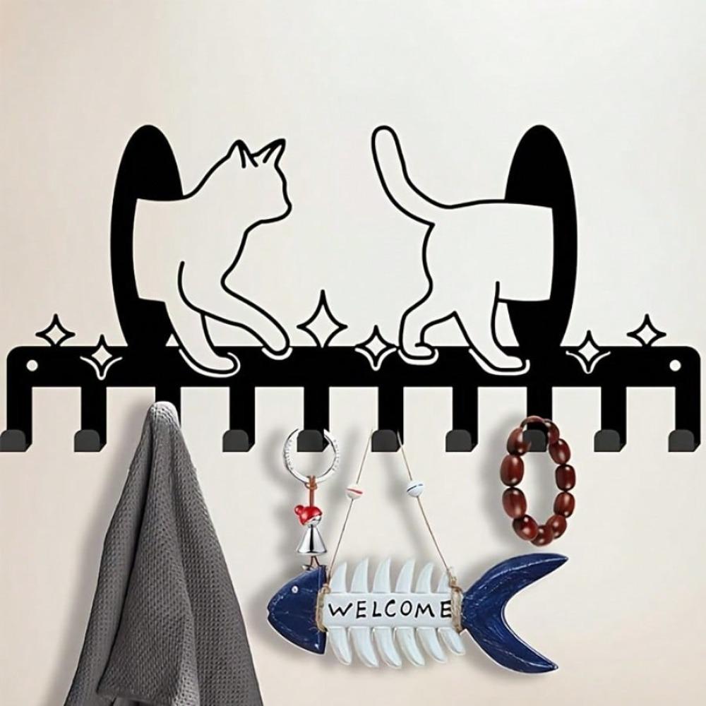 Cat Key Holder Wall Hook Decorative Hanger Cute Pet Clothes Storage Handcrafted Metal Art