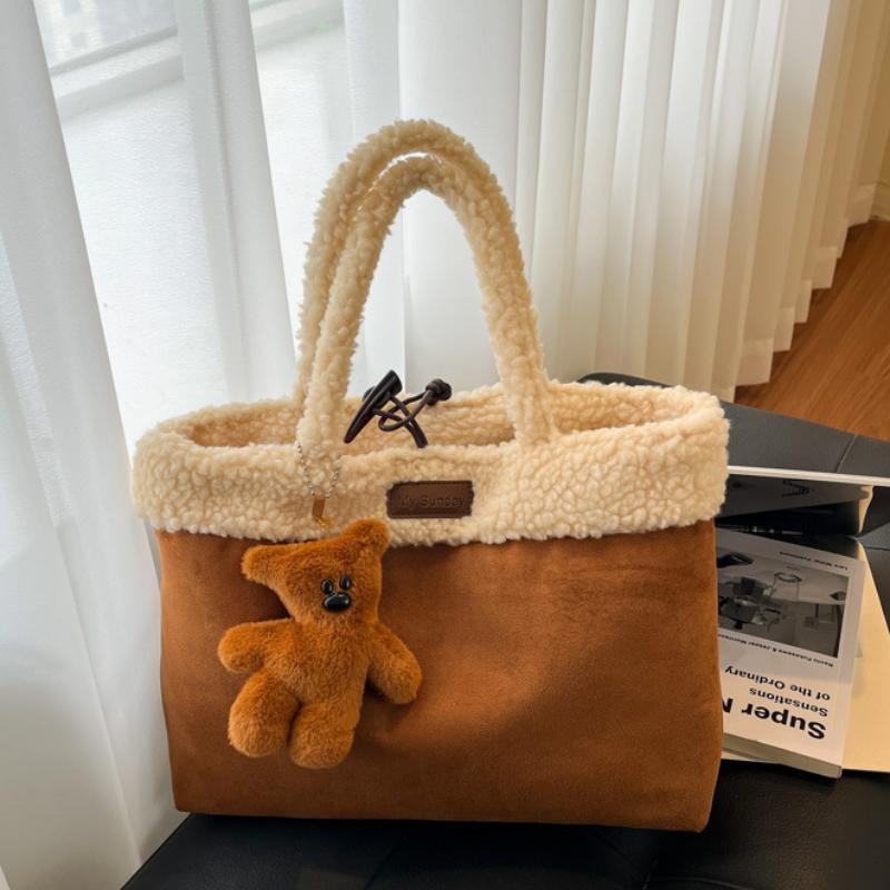 Vintage Horn Butt Suede Tote Bag Women Korean Imitati Lamb Wool Trim Brown Handbag With Pendant Versatile Casual Shoppingbag