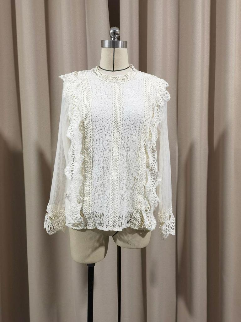 Elegant Mesh Puff Sleeve Round Neck Lace Top 