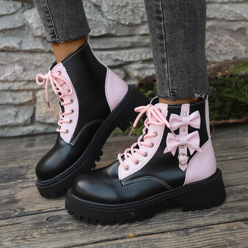 Sweet Pink Bowknot Mix Color Ankle Boots Women 2025 Autumn Thick Bottom Lace Up Boots Candy Punk Metal Decoration Booties Size42
