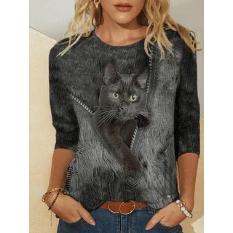 Round Neck 3D Cat Pattern Printed Top Fashionable Casual Long Sleeved Women's T-shirts