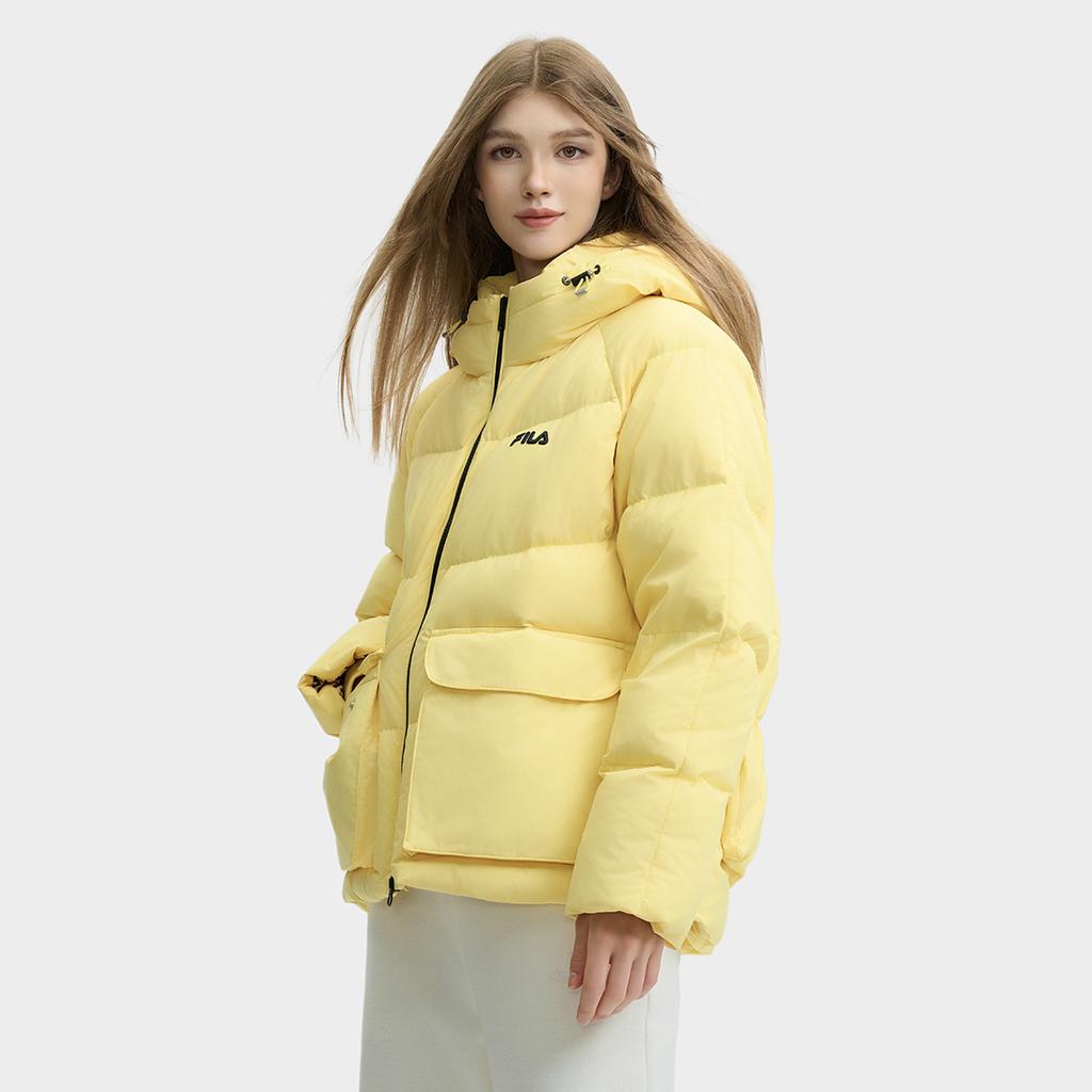 Fila Heritage Fashion Solid Color Warm Hooded Raglan Sleeve Down Jacket Women Outerwear Yellow-Azalea F11W448904FYE
