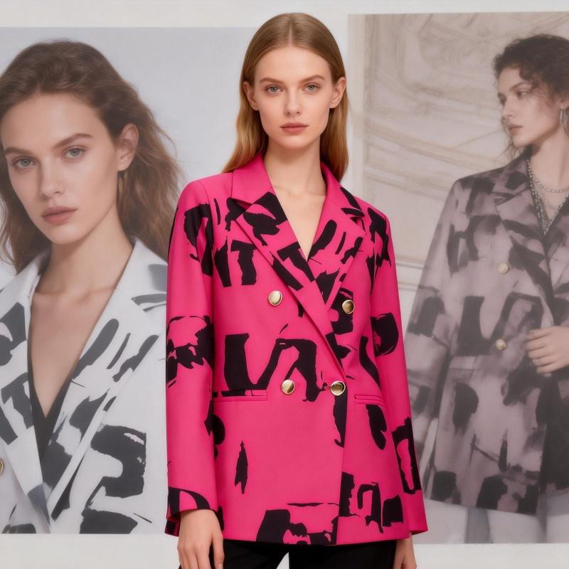 Women's Fashion Blazers Abstract Print Double-Breasted Blazer Loose Casual Long Sleeve Jackets