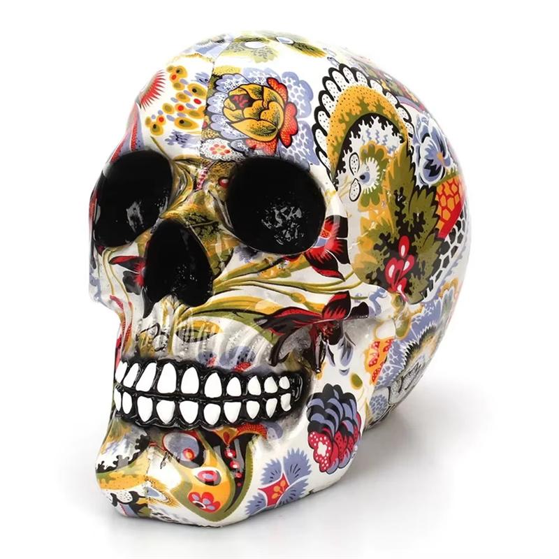 Halloween Home Bar Table Desktop Decoration Resin Color Flower Painting 1Pc,Horror Skull Craft Gift Skull Decoration