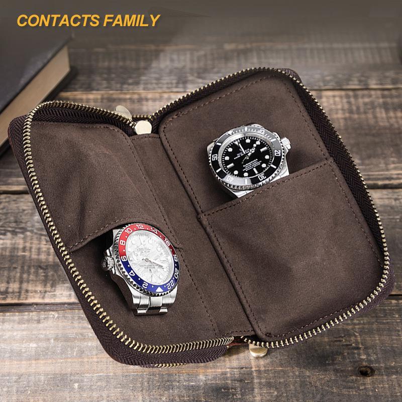 CONTACTS FAMILY Two-Piece Top Grain Cowhide Watch Pouch - Handmade Storage for Couple's Wristwatches