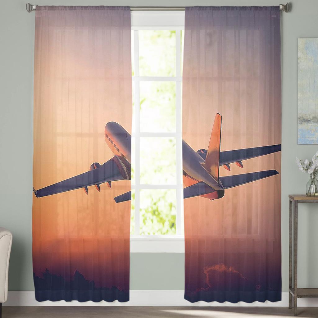 Flugzeug Sonnenuntergang Moderne Vorhänge für Wohnzimmer Transparente Tüllvorhänge Fensterschleier für das Schlafzimmer Zubehör Dekor