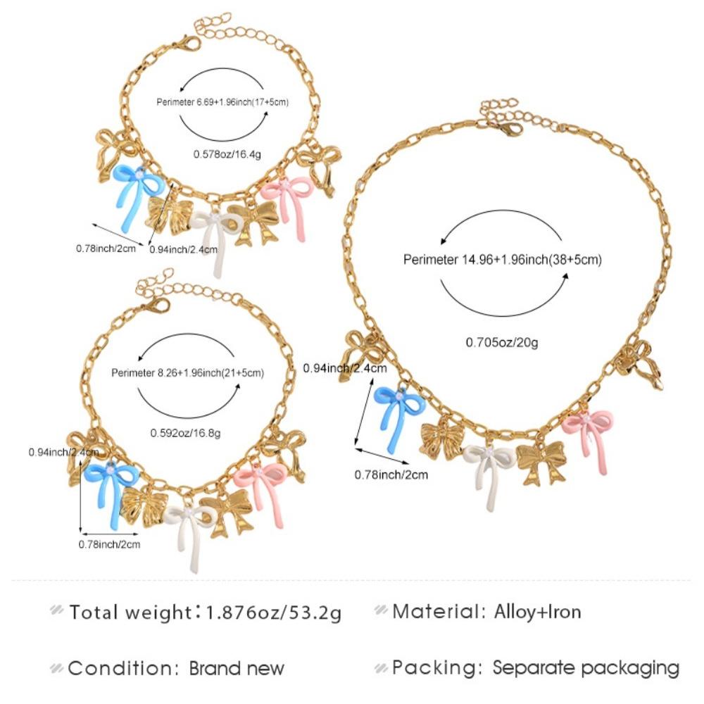 Summer Fashion Dopamine Colorful Drip Oil Bow Pendant Necklace Bracelet Anklet Set for Women Sweet Girl Vacation Jewelry Sets