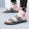 2025 Men Leather Beach Sandals and Slippers Men Beach Cross Cork Slippers Summer Solid Color Non-slip Leather Slide Shoe
