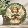 Vintage Christmas Angel Round Metal Wall Art, 2D Aluminum Sign with Pre-Drilled Holes for Home Garden Decor