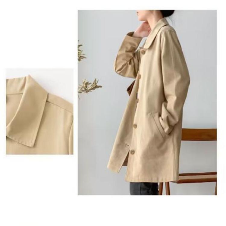 Women Windbreaker Overcoat Turn Down Collar Button Down Long Sleeves Loose Pockets Mid Length Outdoor Travel Commuting Jacket