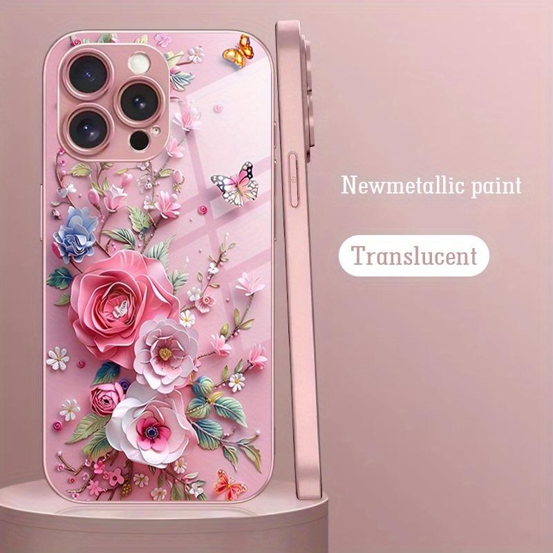 Schmetterlingsblumenmuster Rosa Metallic-Lack Glas Harte Handyhülle Für iPhone 17 Pro Max 16 15 14 13 12 11 17 Air Plus 16E Hülle