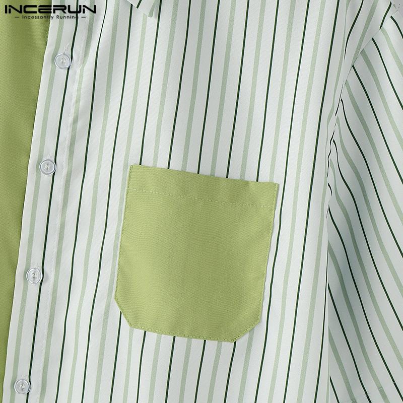 INCERUN Men Striped Shirts Casual Short Sleeve Patchwork Buttons Up Tops