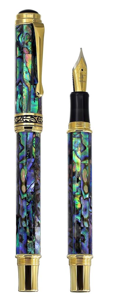 Xezo Maestro Fountain Medium Natural Abalone Shell 18K Gold Set of 2 Pens, Nib, Inlay, Plated, Handmade, Serialized,